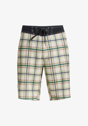Men's plaid swim trunks in tan, green, and blue colors. Features a black elastic waistband with drawstring and a smooth texture.