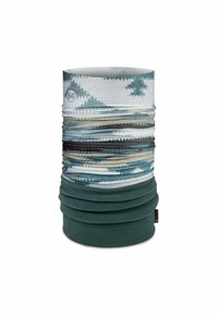 Gaiter de cuello multifuncional en una tela suave, con un patrón geométrico en tonos verde azulado y gris. Parte inferior de felpa verde esponjosa para mayor calidez.