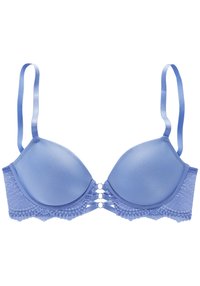 Light blue bra with smooth padded cups, lace sides, adjustable satin straps, and decorative strappy details at the center front.