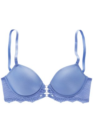 Soutien-gorge bleu clair avec des coques rembourrées lisses, des côtés en dentelle, des bretelles en satin réglables et des détails en lanières décoratives au centre avant.
