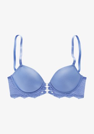 Jasnoniebieski stanik z gładkimi wyściełanymi miseczkami, koronkowymi bokami, regulowanymi satynowymi ramiączkami oraz dekoracyjnymi paskami na froncie.