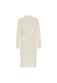 Abito lavorato a maglia color crema con maniche lunghe e vita cinturata. Presenta una texture a coste e una silhouette midi.