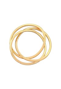 Guldtonade sammanlänkade ringar med en slät, polerad yta och cirkulär design. Varje ring har en jämn tjocklek och sömlösa kanter.