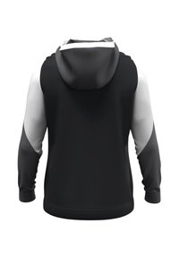 Sweat-shirt à capuche présentant un corps noir avec des manches grises et blanches, fabriqué en tissu lisse. Il possède des poignets côtelés et une doublure intérieure douce.