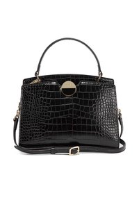 Sac à main en simili cuir noir avec texture crocodile, quincaillerie dorée, double poignée supérieure et bandoulière amovible.