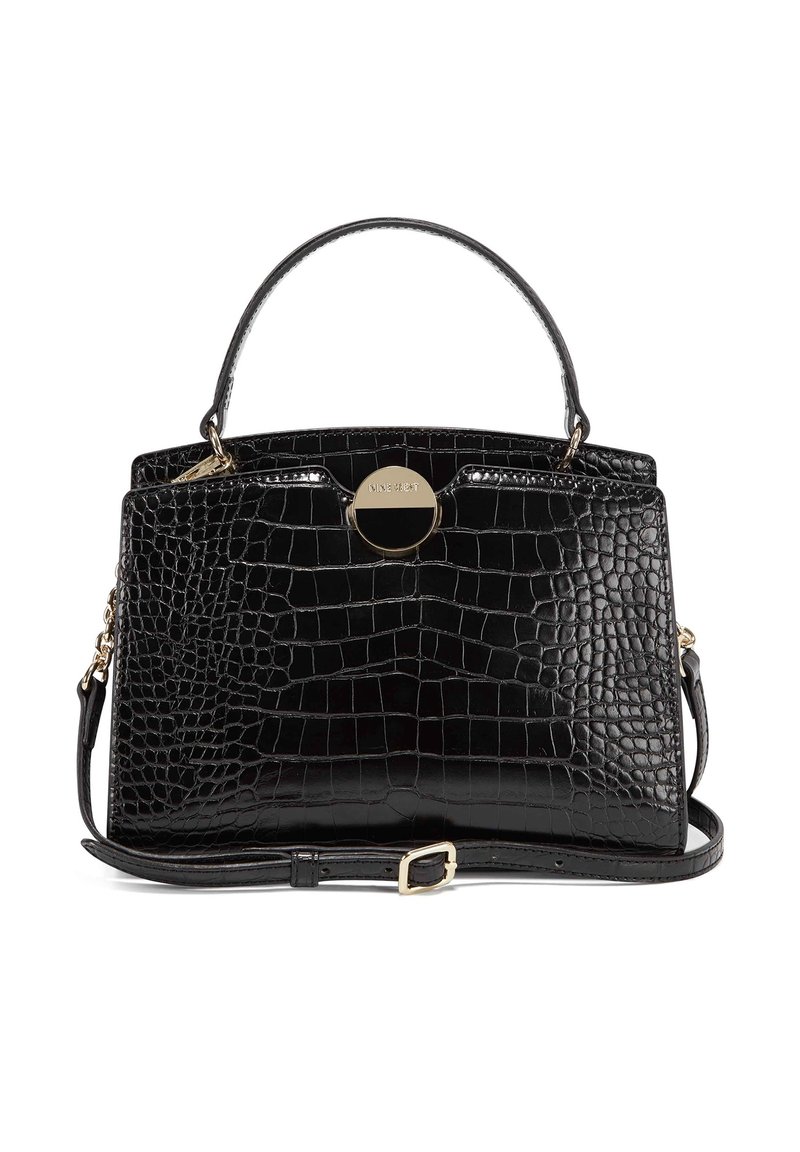 Sac à main en simili cuir noir avec texture crocodile, quincaillerie dorée, double poignée supérieure et bandoulière amovible.