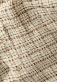 Tissu à carreaux beige et vert clair avec des lignes marron, présentant deux boutons beiges à quatre trous et une couture verticale.