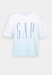 Vit och ljusblå ombre kortärmad T-shirt med en stor ljusblå GAP-logotyp centrerad på framsidan.