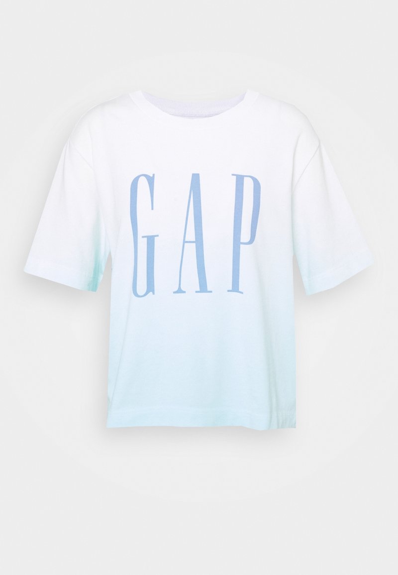 White and light blue ombre short-sleeve T-shirt with large light blue GAP logo centered on the front.