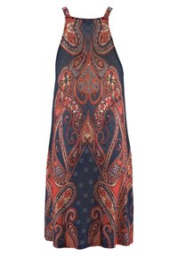 Ärmelloses Kleid mit hohem Ausschnitt, das auf einem dunkelblauen Hintergrund mit kunstvollen roten, orangefarbenen und blauen Paisley- sowie Blumenmustern verziert ist.