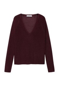 Pull bordeaux foncé à manches longues et col en V, avec une texture en maille douce et une coupe régulière.