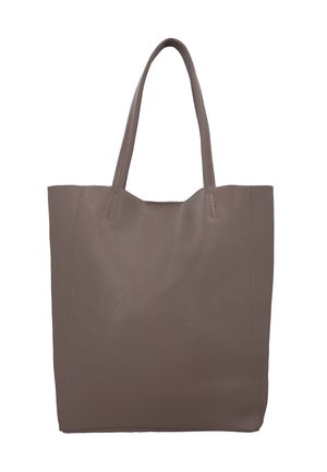 Bruine leren shopper met twee lange hengsels, met een gestructureerd oppervlak en een eenvoudig, onopgesmukt ontwerp.