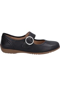 Schwarze Lederflache Schuhe mit runder Zehenpartie, Mary-Jane-Riemen und silberner, runder Hardware. Gummilaufsohle mit einem leichten braunen Farbton.
