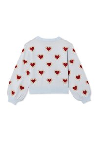 Ανοιχτό μπλε πουλόβερ με μακριά φουσκωτά μανίκια, καλυμμένο με κόκκινα και μπεζ σχέδια καρδιών, με ριμπ μανσέτες, τελείωμα και γιακά.