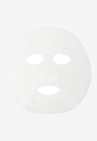 Weißer Blattmaske mit Ausschnitten für Augen, Nase und Mund; glatte Textur mit dezentem Glanz; kreisförmig ohne zusätzliche Muster oder Akzente.