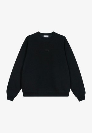 Sudadera negra de algodón mezclado, con cuello redondo y mangas largas. Etiqueta pequeña "OH APRIL" en el pecho. Textura suave.