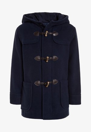 Navy blue duffle coat with hood, three toggle fastenings with leather loops, and two front patch pockets.