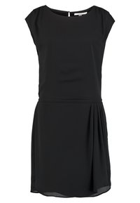 Vestido negro con escote redondeado, mangas cortas y un detalle plisado en un lado. Está hecho de una tela suave y ligera. Cierre en la parte posterior con ojal.