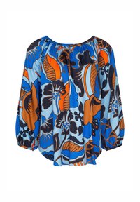 Blusa a maniche lunghe con scollo rotondo, caratterizzata da uno sfondo blu e audaci motivi floreali in arancione, marrone e blu scuro. Tessuto morbido.