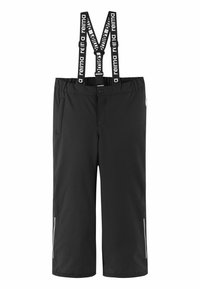 Czarne wodoodporne spodnie z regulowanymi szelkami, bocznymi kieszeniami i odblaskowymi akcentami. Posiadają gładką teksturę i luźny krój.