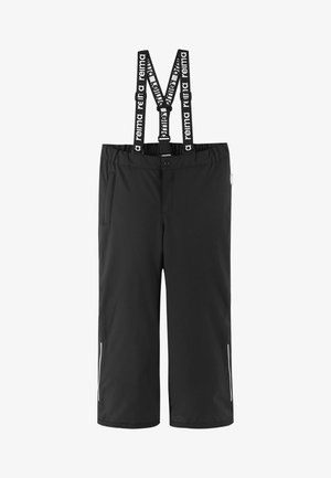 Black waterproof trousers with adjustable suspenders, side pockets, and reflective accents. Features a smooth texture and relaxed fit.