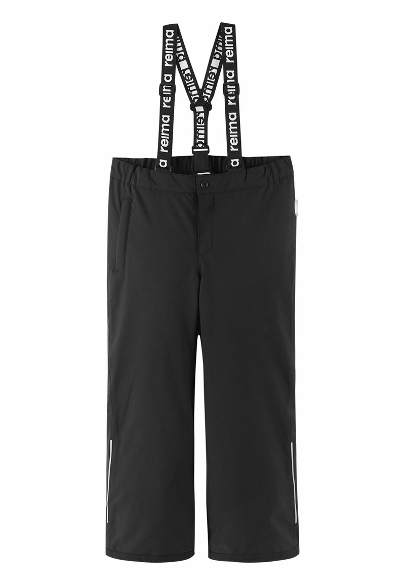 Czarne wodoodporne spodnie z regulowanymi szelkami, bocznymi kieszeniami i odblaskowymi akcentami. Posiadają gładką teksturę i luźny krój.