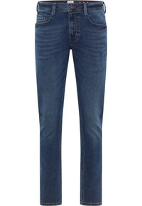 Tamsiai mėlynos spalvos džinsai iš džinso audinio, tiesios formos, penkios kišenės, kontrastinė oranžinė siūlė. Turi užtrauktuką ir diržo kilpas.