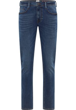 Dunkelblaue Denim-Jeans mit geradem Schnitt, fünf Taschen und kontrastierenden orangefarbenen Nähten. Ausgestattet mit einem Reißverschluss und Gürtelschlaufen.