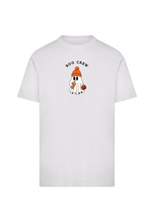 White cotton t-shirt featuring a cartoon ghost wearing an orange beanie, holding a drink and a pumpkin, with "BOO CREW" text above.
