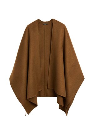 Brązowy, oversize, niestrukturalny szal wykonany z miękkiego materiału. Posiada głęboki dekolt w kształcie litery V oraz swobodne rękawy w luźnym fasonie.