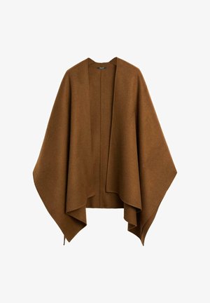 Brązowy, oversize, niestrukturalny szal wykonany z miękkiego materiału. Posiada głęboki dekolt w kształcie litery V oraz swobodne rękawy w luźnym fasonie.