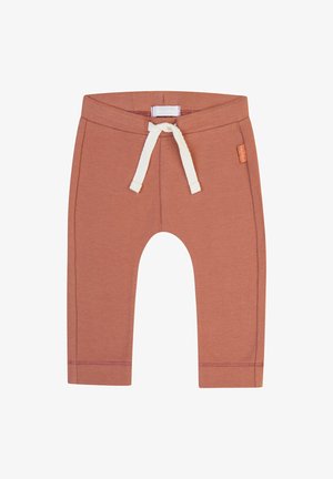 Kinder-Sweatpants in Rostfarbe aus weichem Stoff, mit einer weißen Kordel, seitlichen Taschen und subtilen Nähdetails.