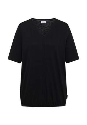 Chemise noire à manches courtes avec col en V, coupe décontractée et petite étiquette sur le côté.