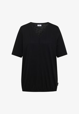 Chemise noire à manches courtes avec col en V, coupe décontractée et petite étiquette sur le côté.