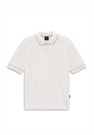 White short-sleeve polo shirt with a collar, two buttons, and subtle beige trim on cuffs and collar edges.
