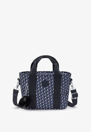 Strukturret tote bag i navy, med et geometrisk mønster, sorte stropper, et logo patch og en aftagelig pels charm.