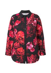 Sort skjorte med knapper og store røde og lyserøde blomster mønstre, med en klassisk krave og lange ærmer. 100% bomulds materiale med en glat tekstur.