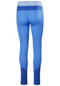 Modré legíny s texturovaným povrchem a kontrastními tmavšími modrými akcenty na manžetách. Obsahují bílé logo "Helly Hansen" na pase.