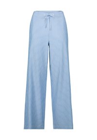 Lichtblauwe en witte gestreepte wijde broek met een trekkoord in de taille en een zachte textuur. Casual ontwerp geschikt voor verschillende gelegenheden.
