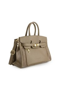 Tan leather handbag with two top handles, a detachable shoulder strap, gold hardware, and a front zipper pocket; features suede accents.