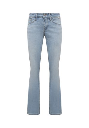 Hellblaue Denim-Jeans mit leicht ausgestelltem Bein, Frontknopf und Reißverschluss, Gürtelschlaufen und Fünf-Taschen-Design.