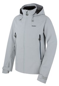 Světlě šedá voděodolná bunda s kapucí, zipem vpředu, bočními kapsami a nastavitelnými manžetami. Disponuje minimalistickým designem a kontrastními akcenty.