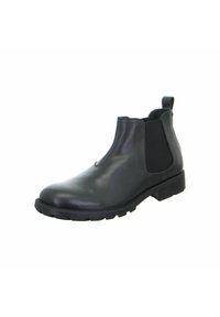 Schwarze Leder-Chelsea-Stiefel mit elastischen Seitenpanels, Ziehschlaufe an der Ferse und strukturiertem Gummisohle.