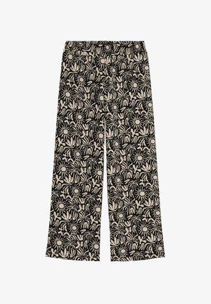 Pantaloni a gamba larga neri e beige con motivo astratto floreale e sole, dotati di vita elasticizzata e orlo dritto.