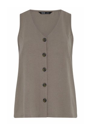 Ærmeløs taupe skjorte med knapper, V-udskæring og fem mørke knapper foran, størrelse UK 16.