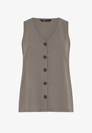 Ärmellose taupefarbene Bluse mit V-Ausschnitt und fünf dunklen Knöpfen vorne, Größe UK 16.