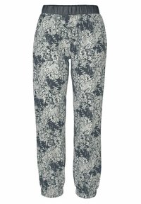 Blommig mönstrad joggerbyxa med elastisk midja. Grå bakgrund med vita och mörka blommönster. Muddade vid anklarna.