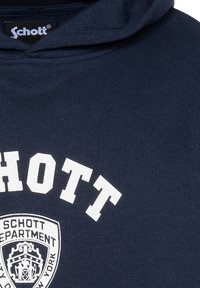 Sudadera con capucha de color azul marino, hecha de algodón. Presenta un texto blanco que dice "SCHOTT" y un gráfico de un escudo con "DEPARTMENT" debajo.
