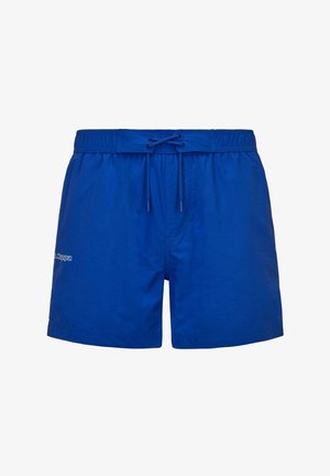 Shorts de bain bleu pour homme avec ceinture élastique et cordon de serrage, présentant un petit logo blanc sur la cuisse gauche.