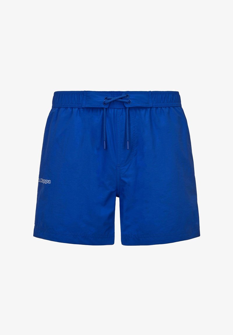 Shorts de bain bleu pour homme avec ceinture élastique et cordon de serrage, présentant un petit logo blanc sur la cuisse gauche.
